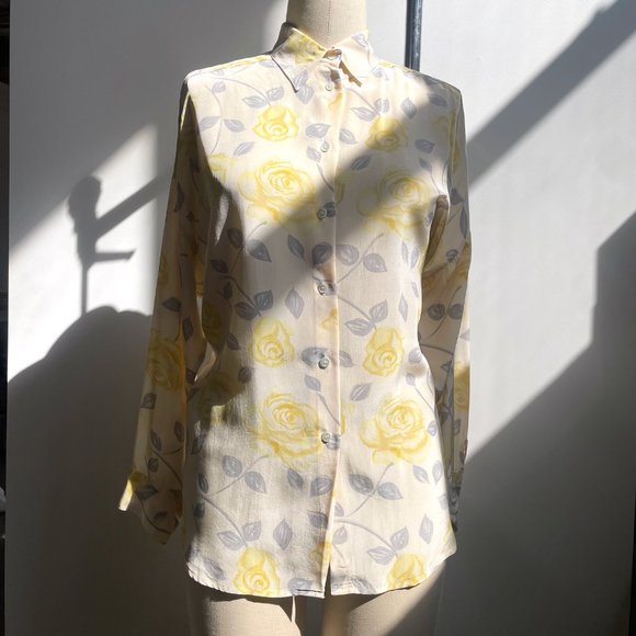 Vintage RODIER Paris Long Button-Up Yellow Rose Floral Silk Blouse sz 40 10 - Picture 3 of 12